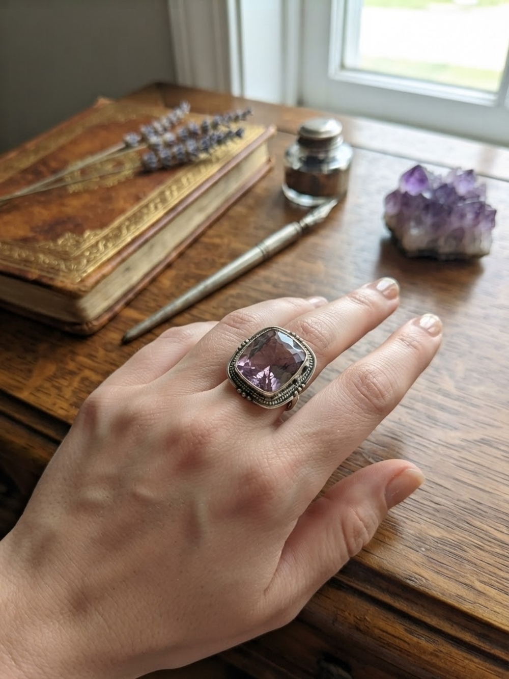 925 Sterling Silver Faceted Lavender Amethyst Statement Ring Adjustable Sz 6.0+